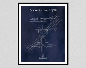 Bombardier Dash 8 Q300 Drawing, Bombardier Dash 8 Airplane Art Print, Dash 8 Airplane Poster, Pilot Art