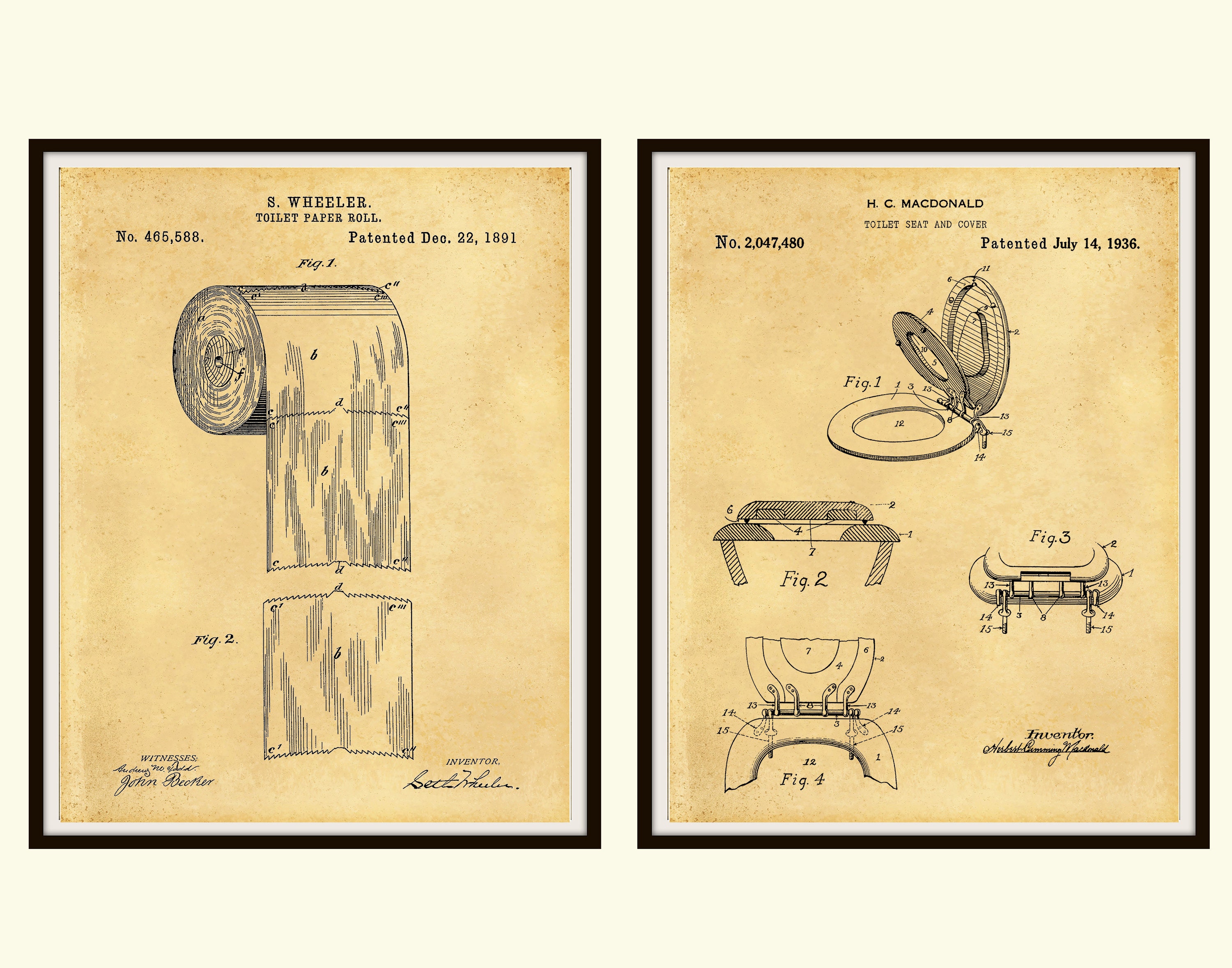 Toilet Patent Print Art Set of 2, Toilet Paper Roll Patent Print