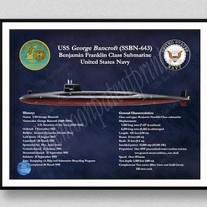 USS George Bancroft SSBN-643 Submarine Drawing, Benjamin Franklin Class Submarine Poster, USS Submarine Wall Art