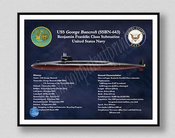 USS George Bancroft SSBN-643 Submarine Drawing, Benjamin Franklin Class Submarine Poster, USS Submarine Wall Art