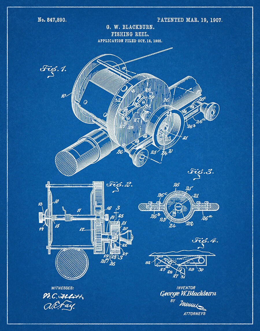 1907 Fishing Reel Patent Print, Fishing Reel Art Print, Fishing Poster,  Fishing Camp Décor, Fishing Wall Art, Fishing Tackle Art