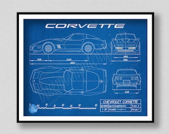 Corvette C3 Drawing, Chevy Corvette C3 Poster, Chevrolet Corvette C3 Blueprint, Sports Car, Race Car Decor, Corvette Decor, Boys Room Decor