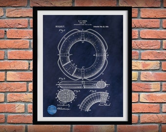 1909 Life Preserver Patent Print, Vintage Life Preserver Poster, Nautical Décor, Yacht Décor, Life Saver Patent Print,