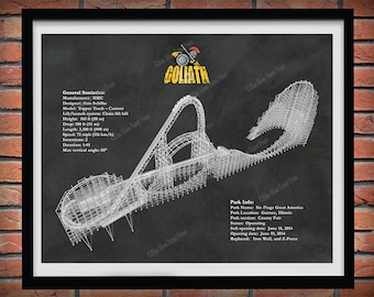 Goliath Roller Coaster Poster, Goliath Roller Coaster Blueprint, Goliath at Six Flags Great America, Goliath Roller Coaster Gurnee Illinois