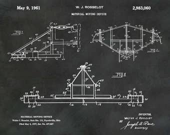 Patent 1961 Material Moving Device - Art Print - Poster - Farm Art - Excavator - Earth Leveler - Sand and Gravel Moving Equipment