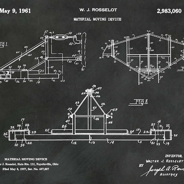 Patent 1961 Material Moving Device - Art Print - Poster - Farm Art - Excavator - Earth Leveler - Sand and Gravel Moving Equipment