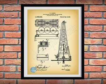 1916 Oil Rig Patent Print, Oil Drilling Rig Blueprint, Howard Hughes Patent, Texas Oil Rig, Oil Baron Décor, Oil Well Drilling Poster