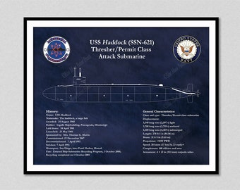 USS Haddock SSN-621 Drawing, Permit Class Submarine Blueprint, USS Haddock SSN621 Poster, Thresher/Permit Class Submarine Art Print