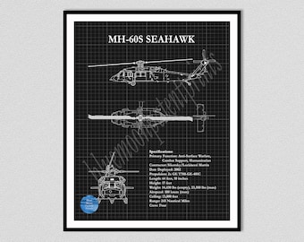 MH-60S Seahawk Helicopter Art Print, Sikorsky MH-60S Sea Hawk Blueprint, Chopper Pilot Gift, Sikorsky MH-60 Drawing, Helicopter Wall Art