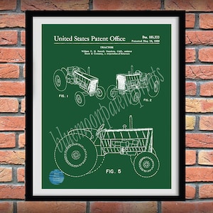 Patent na traktor John Deere z 1959 roku, plakat z traktorem John Deere, wystrój domu wiejskiego, rysunek zabytkowego traktora John Deere, plan traktora