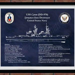 Desenho de USS Caron DD-970, desenho de destruidor de classe Spruance, projeto de Uss Caron dd-970, impressão de arte de parede da Marinha dos EUA, presente de marinheiro