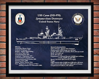 USS Caron DD-970 Drawing, Spruance Class Destroyer Drawing, Uss Caron dd-970 Blueprint, US Navy Wall Art Print, Sailor Gift