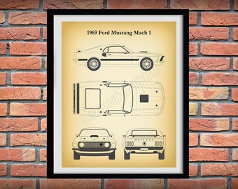 1969 Ford Mustang Mach 1 Poster, Mustang Mach 1 Drawing - Mustang Lover Gift Idea -1969 Ford Mustang Mach 1 Print, Mustang Muscle Car