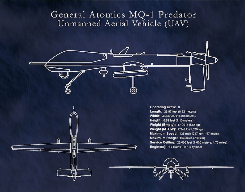 MQ-1 Predator UAV Drone Spy Plane Drawing Reconnaissance Aircraft Art Print Poster CIA Spy Plane Illustration Hellfire Missiles image 6