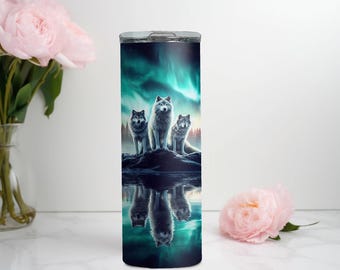 Wolf Pack with Northern Lights 20 oz Tumbler, Nature Lover Gift, Alaska Wildlife Tumbler, Aurora Borealis