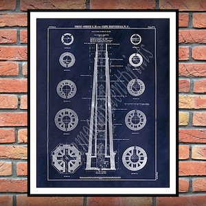 1870 Cape Hatteras Lighthouse Drawing, Cape Hatteras Lighthouse Blueprint, Nautical Décor, Cape Hatteras Poster
