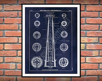 1870 Cape Hatteras Lighthouse Drawing, Cape Hatteras Lighthouse Blueprint, Nautical Décor, Cape Hatteras Poster