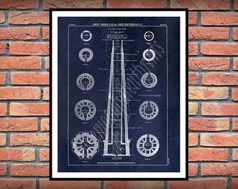 1870 Cape Hatteras Lighthouse Drawing, Cape Hatteras Lighthouse Blueprint, Nautical Décor, Cape Hatteras Poster