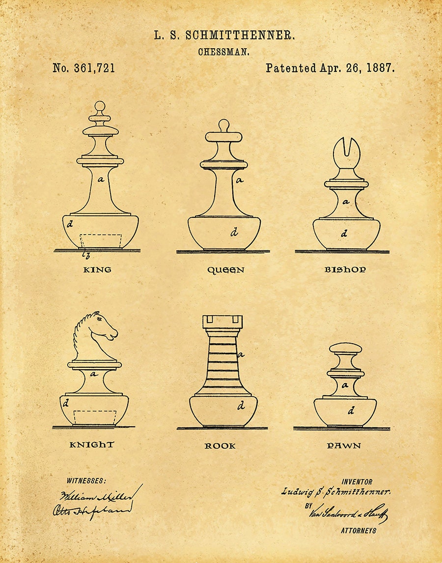 Chess King And Pieces Old Vintage Patent Drawing Print Poster