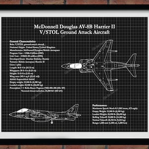 AV-8B Harrier II Blueprint, McDonnell Douglas AV-8B V/Stol Ground Attacked Aircraft Drawing, Military Aircraft Decor, Harrier Jump Jet
