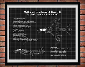 AV-8B Harrier II Blueprint, McDonnell Douglas AV-8B V/Stol Ground Attacked Aircraft Drawing, Military Aircraft Decor, Harrier Jump Jet