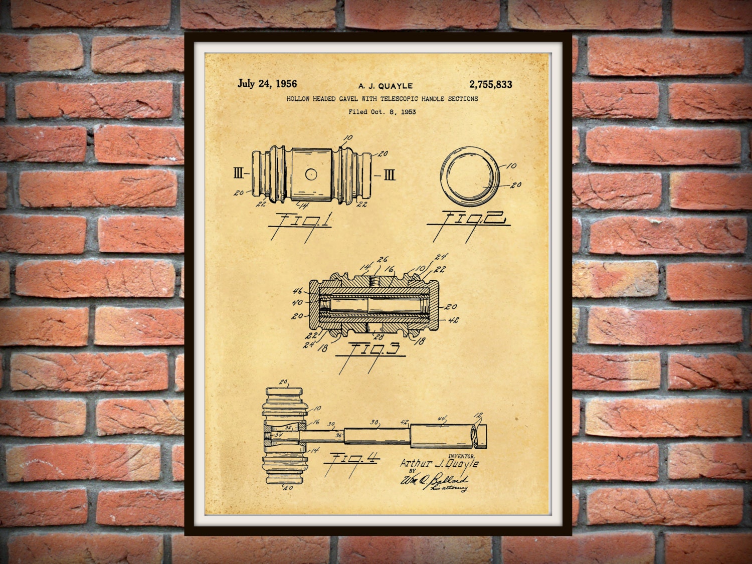 1956 Gavel Patent Print - Gavel Blueprint - Judge Chambers Decor