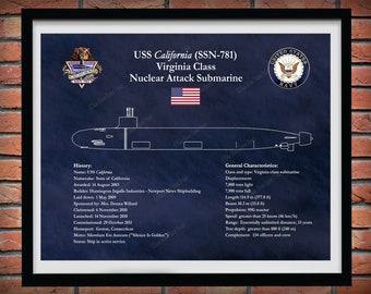 USS California SSN 781 Drawing, Virginia Class Submarine Blueprint, USS California Submarine Poster, Uss California Ssn781 Blueprint