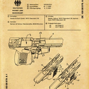 2001 H&K P2000 Pistol Patent Print German Gun Patent Print Heckler and Koch GmbH Gun Poster NRA Decor Semi-Automatic Handgun Old Parchment