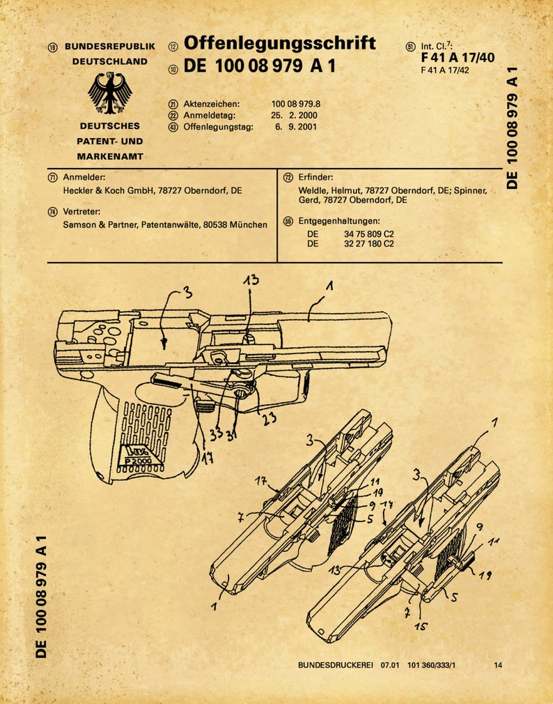 2001 H&K P2000 Pistol Patent Print German Gun Patent Print Heckler and Koch GmbH Gun Poster NRA Decor Semi-Automatic Handgun Old Parchment