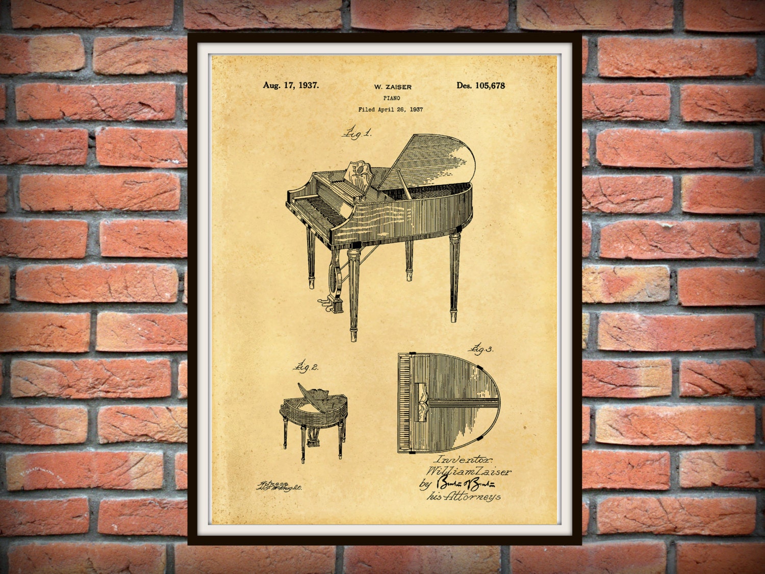 1937 Wurlitzer Piano Patent Print - Grand Piano Patent Print - Music