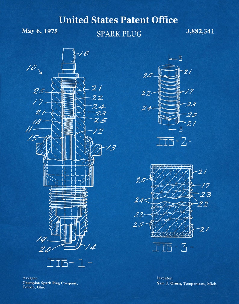 1975 Spark Plug Patent Print Spark Plug Blueprint Spark Plug Etsy