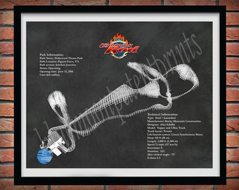 Lightning Rod Roller Coaster Poster, Lightning Rod Roller Coaster Blueprint, Dollywood Roller Coaster Wall Art,