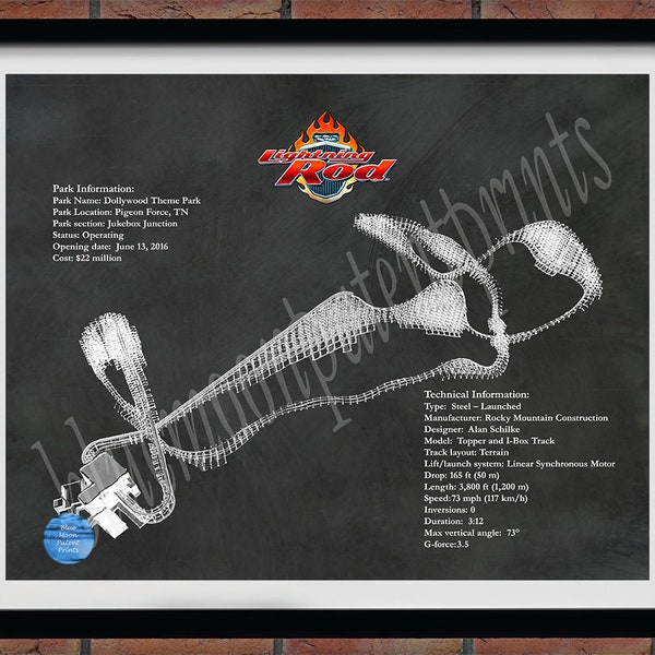 Lightning Rod Roller Coaster Poster, Lightning Rod Roller Coaster Blueprint, Dollywood Roller Coaster Wall Art,