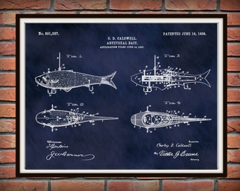 1908 Artificial Fish Bait Patent Print Vers #1, Fishing Lures Poster, Mechanical Fish Lure Blueprint, Fishing Camp Decor  Fishing Tackle