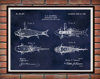 1908 Artificial Fish Bait Patent Print Vers #1 - Fishing Lures Poster - Mechanical Fish Lure Blueprint - Fishing Camp Decor  Fishing Tackle