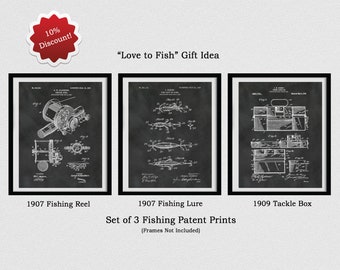 Set of 3 Fishing Patent Prints - 1907 Fishing Reel Patent - 1907 Fishing Lure Patent - 1909 Tackle Box Patent -  Fathers Day Gift