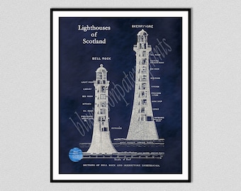 Skerryvore Lighthouse Drawing, Bell Rock Lighthouse Drawing, Nautical Décor, Lighthouses of Scotland, Scotland Lighthouse Wall Art