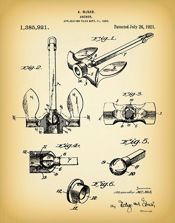 1921 Ship Anchor Patent Print - McNab Anchor Blueprint - Boat