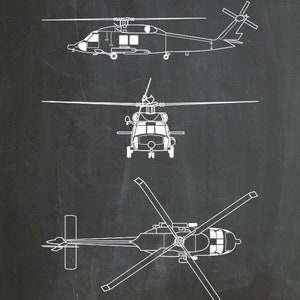 UH-60 Black Hawk Helicopter Art Print, Sikorsky UH-60 Helicopter Blueprint Chopper Pilot Gift Sikorsky UH-60 Chopper, Helicopter Decor Chalkboard