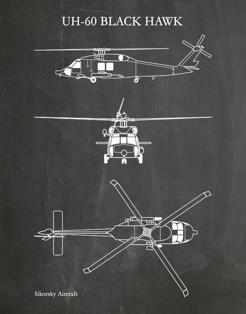 UH-60 Black Hawk Helicopter Art Print, Sikorsky UH-60 Helicopter Blueprint Chopper Pilot Gift Sikorsky UH-60 Chopper, Helicopter Decor Chalkboard