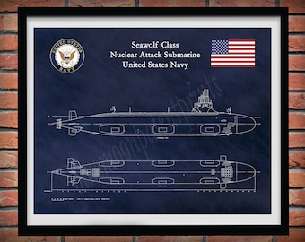 Seawolf Class Submarine Blueprint, USS Seawolf Submarine Poster, Seawolf Class Nuclear Submarine Drawing, SSN-21, US Navy Submarine