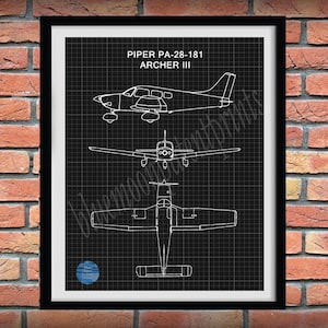 Piper PA-28-181 Archer III Drawing, Piper Archer III Poster, Piper Cub Airplane Blueprint, Aviation Décor, Pilot School Décor
