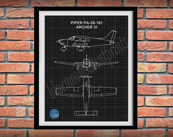 Piper PA-28-181 Archer III Drawing, Piper Archer III Poster, Piper Cub Airplane Blueprint, Aviation Décor, Pilot School Décor