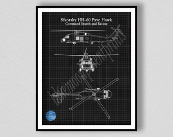 HH-60 Pave Hawk Helicopter Art Print, Sikorsky HH-60A Helicopter Blueprint, Chopper Pilot Gift, Sikorsky HH-60 Chopper, Helicopter Wall Art