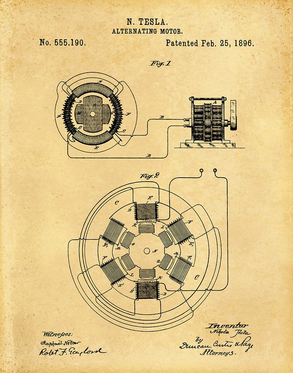 1896 テスラ交流モーター特許プリント - 科学実験室 - 電気技師の壁画