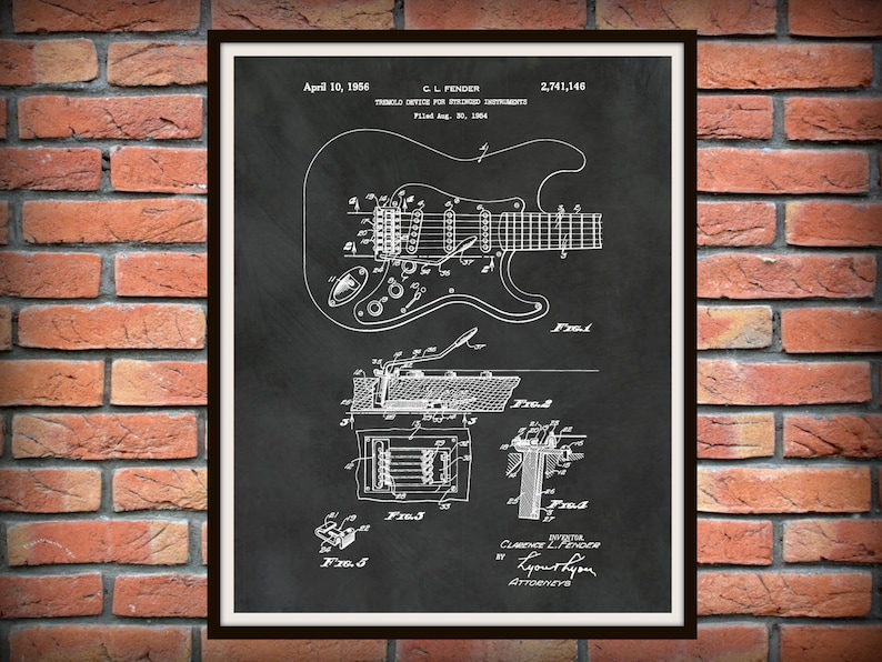 1956 Fender Guitar Patent Rock Band Guitar Print Guitar Collector Gift Fender Tremelo  Stratocaster Guitar Electric Guitar Poster