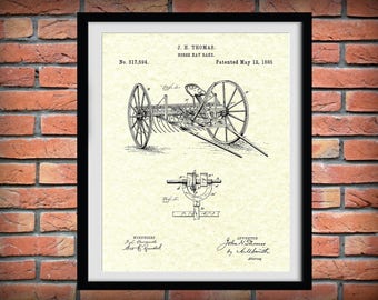 Patent 1885 Hay Rake Patent Print - Agriculture Wall Art - Tractor - Farming - Farm Equipment Patent