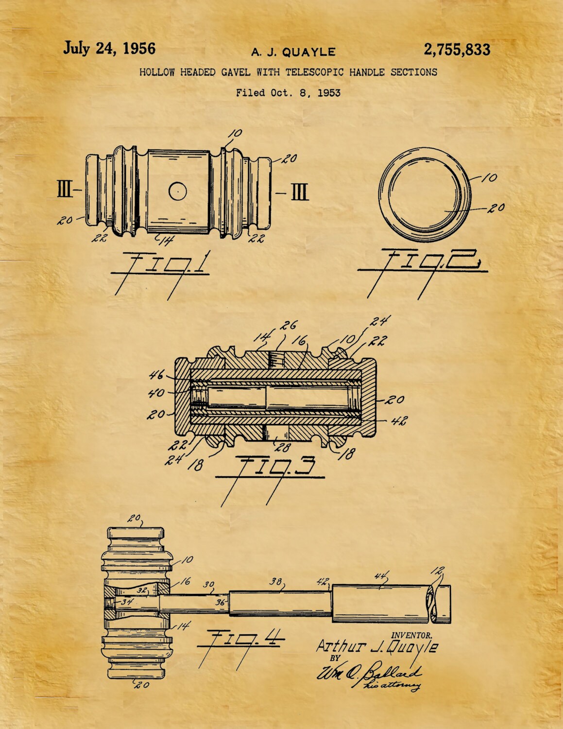 1956 Gavel Patent Print Gavel Blueprint Judge Chambers Decor