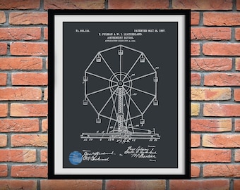 1907 Ferris Wheel Patent - Vintage Ferris Wheel Poster, Carnival Ride, Amusement Park Ride, Ferris Wheel Drawing, Ferris Wheel Diagram