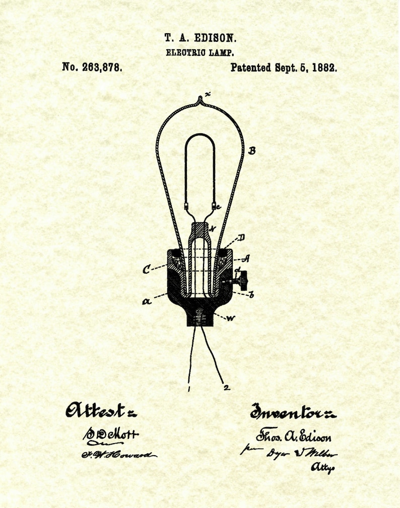 1882 Thomas Edison Patent Print Edison Electric Light Bulb | Etsy
